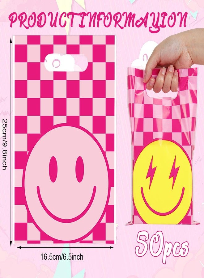 Whaline 50Pcs Preppy Party Favor Bag Pink Checkered Smile Face Treat Bags with Handles Plastic Candy Goodie Bags for Birthday Baby Shower Party Favors Supplies - Image 2